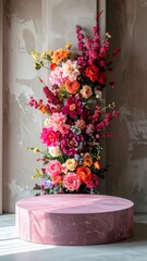 Floral Cascade Installation with Pink Velvet Display Stand on Concrete Wall