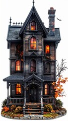 Spooky Three Story Wooden House with Orange Glowing Windows and Fall Foliage Pixel Art