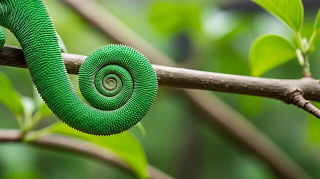 Green chameleon tail wrapped into a spiral rests upon a tree branch amid foliage