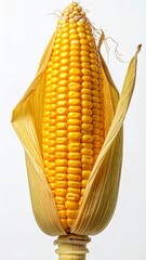 Golden Corncob with Husk on White Background Still Life Studio Shot
