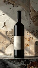 Dark Red Wine Bottle with Textured Label Against Rustic Background With Window Light