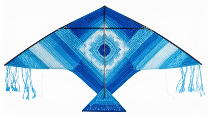 Handmade Blue and White Ombre Kite with Tassels Against a White Background