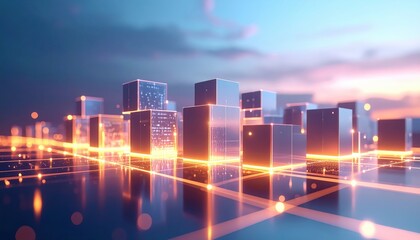 Captivating digital cityscape showcasing futuristic architecture with illuminated glass cubes, vibrant orange and blue hues, and a network of interconnected glowing lines against a soft, blurred...