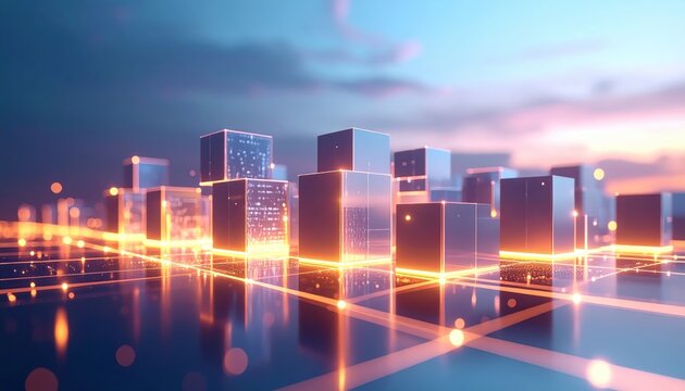 Captivating digital cityscape showcasing futuristic architecture with illuminated glass cubes, vibrant orange and blue hues, and a network of interconnected glowing lines against a soft, blurred...