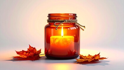 Amber Glass Jar with Burning Candle and Autumnal Leaves on White Surface Warm Lighting