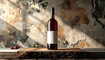 Elegant Red Wine Bottle with Blank Label on Rustic Wooden Surface Against Distressed Concrete Wall