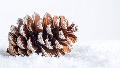 Close up of Pinecone Covered in Snow Against White Backdrop During Winter