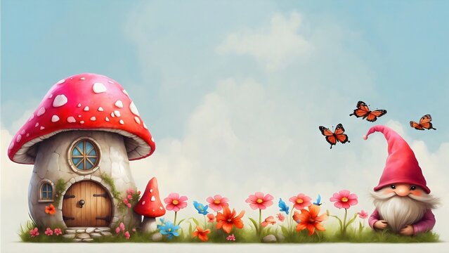 Whimsical fairytale scene with a charming gnome house and friendly gnome amid blooming flowers and butterflies under a blue sky.