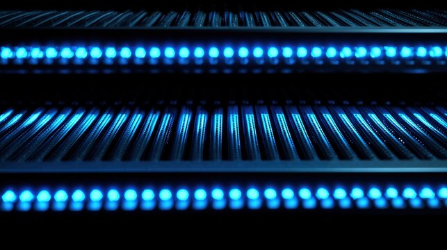 rack. Close-up of glowing blue server rack lights creating an abstract technological pattern on a dark background. product launch decks.