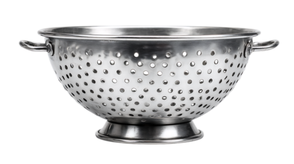 Used stainless steel colander with handles isolated on transparent background