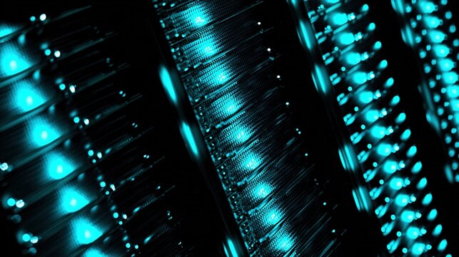 rack. Close-up of glowing blue server rack lights creating an abstract technological pattern on a dark background. product launch decks.