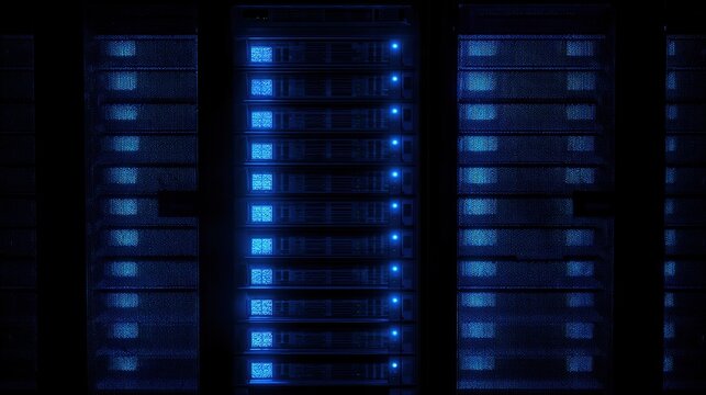 rack. Close-up of glowing blue server rack lights creating an abstract technological pattern on a dark background. product launch decks.
