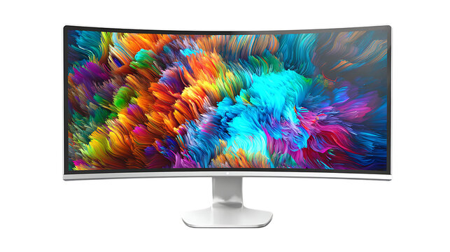 Ultrawide curved monitor isolated on transparent background displaying colorful abstract art