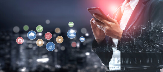 Set of business and digital service icons representing finance, cloud, analytics, email, communication, ecommerce, cybersecurity, and global connectivity in a modern ecosystem Vouch