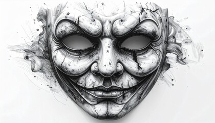 Intricate Black and White Mask with Distressed Texture on a Plain Background