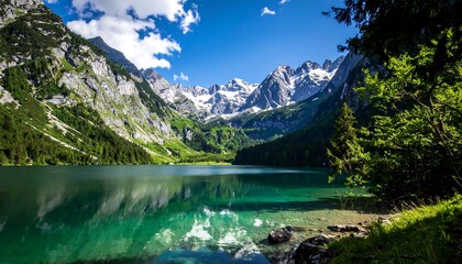 Scenic alpine lake nestled between towering peaks