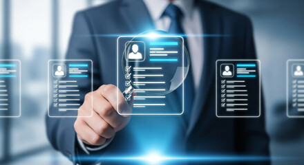 Businessman using virtual screen to search for job candidates, highlighting the recruitment process and human resources