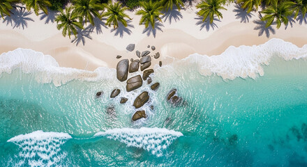 A realistic photography of beautiful diamond beach with gentle wave, clean water, white sand, coconut trees, and stone.