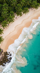 A realistic photography of beautiful diamond beach with gentle wave, clean water, white sand, coconut trees, and stone.