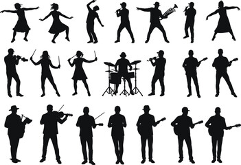 Silhouettes of musicians and dancers performing, playing various instruments, dancing with energy, perfect for music, performance, and entertainment concepts.
