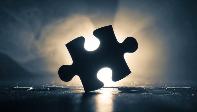 Silhouette of a single puzzle piece illuminated from behind, creating a sense of mystery and anticipation against a smoky, textured backdrop with scattered puzzle elements, evoking the concept of...