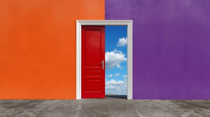 Surreal colorful concept with a red door opening between orange and purple walls revealing a bright blue sky with white clouds symbolizing creativity imagination opportunity and new beginning