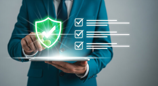 A businessman presents a shield with a checkmark, symbolizing data protection and security with quality assurance