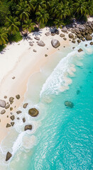 A realistic photography of beautiful diamond beach with gentle wave, clean water, white sand, coconut trees, and stone.