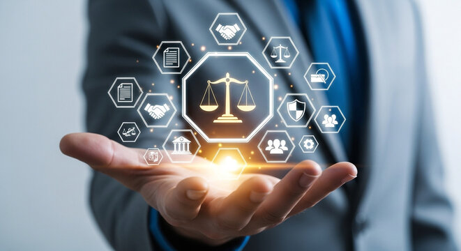 Businessman presenting law legal justice regulation compliance on his hand for business and society