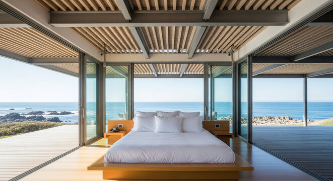 Modern bedroom with ocean view, featuring a minimalist design with a large bed and floortoceiling windows, creating a serene atmosphere - Powered by Adobe