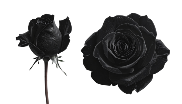 "Elegant black rose flower isolated on white background, realistic dark floral PNG for gothic and luxury design"