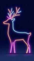 Surreal digital Vibrant Neon Deer Outline on Dark Background visual composition