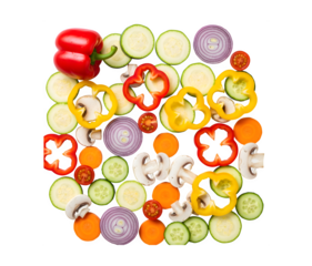 Various sliced veggies mixed with studs on a white backdrop

