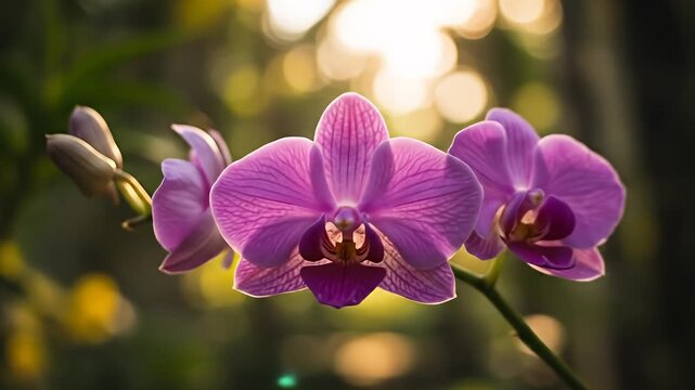 A cluster of magenta orchids blooms against a soft-focus, sun-dappled green background