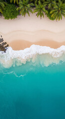 A realistic photography of beautiful diamond beach with gentle wave, clean water, white sand, coconut trees, and stone.