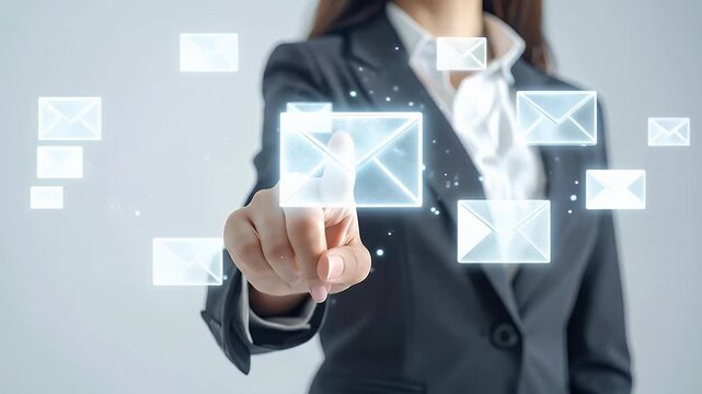 Businesswoman in Dark Suit Interacting with Glowing Mail Icons on White Background Professional Digital Communication with Futuristic Design Elements