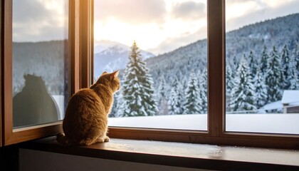 A ginger cat sits on a windowsill gazing at a snow-covered mountain landscape through a window as the sun sets