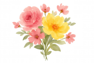 Watercolor floral bouquet illustration with pink rose and yellow gardenia blossoms, green leaves on transparent background