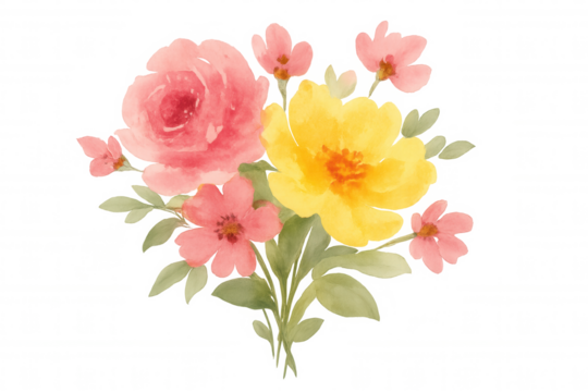 Watercolor floral bouquet illustration with pink rose and yellow gardenia blossoms, green leaves on transparent background