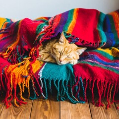 A ginger cat sleeps soundly, nestled within a vibrant, multi-colored blanket. The blanket with fringed edges is draped over wooden planks