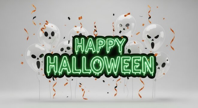 Spooky ghost balloons float and confetti falls around glowing green neon "Happy Halloween" text