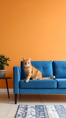 A ginger tabby cat sits proudly on a blue velvet sofa in front of a bright orange wall next to a potted plant