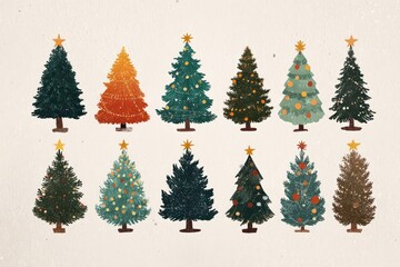 Fototapeta premium A collection of festive evergreen trees decorated with colorful ornaments and stars on top