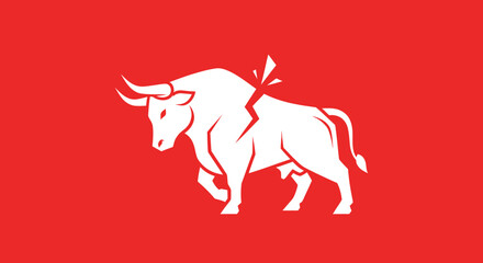 White geometric bull charging on red. Symbolizing resilience, strength. Backdrop is plain. Meant for financial or sports visuals