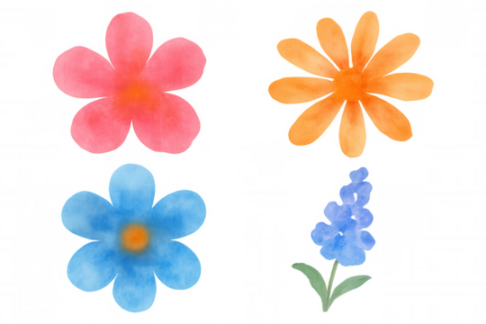 Watercolor spring flowers set offering colorful botanical elements for design projects, isolated on transparent background