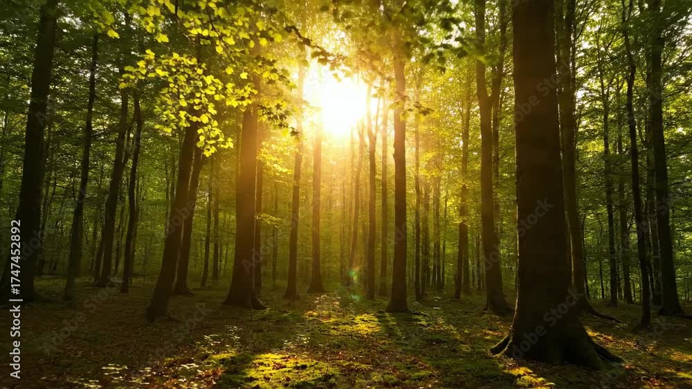 Wall mural golden sun rays slowly shift and filter through a dense forest canopy in a tranquil timelapse tranqu