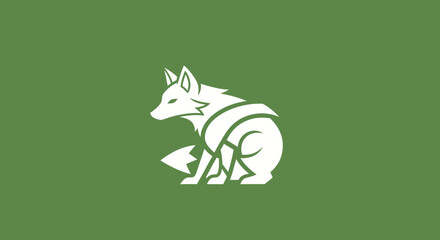 White fox sits on a green background. Ideal for a logo
