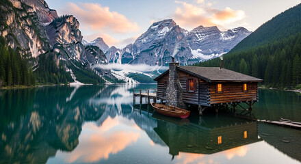 Picturesque view of lago di braies with a wooden cabin and mountains reflecting in the calm water at sunrise, trentino, dolomites, italy