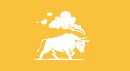 White bull charging on a yellow plain with smoke rising up behind, design element for posters, banners, or digital marketing