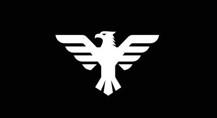 Stylized bird soars on black, for emblem design with abstract background